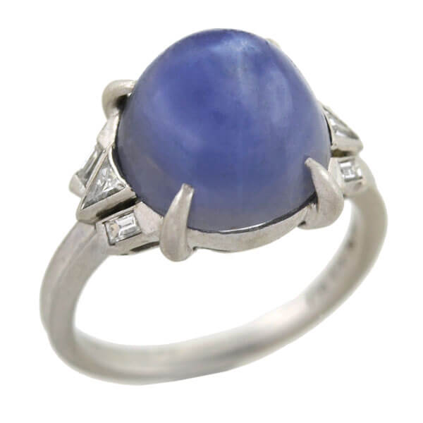 Art Deco Platinum 4.50ct Star Sapphire Cabochon + Diamond Ring