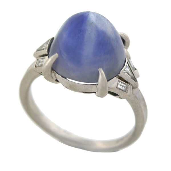 Art Deco Platinum 4.50ct Star Sapphire Cabochon + Diamond Ring