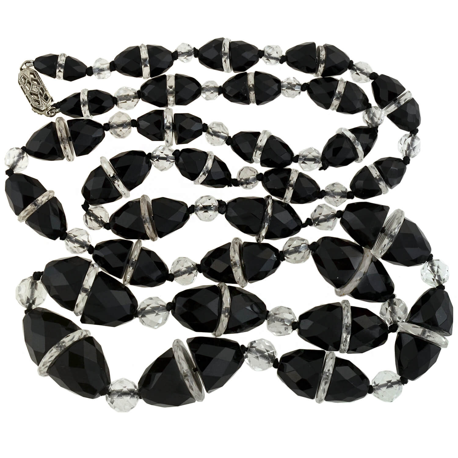 Art Deco Onyx + Rock Quartz Crystal Necklace 33"