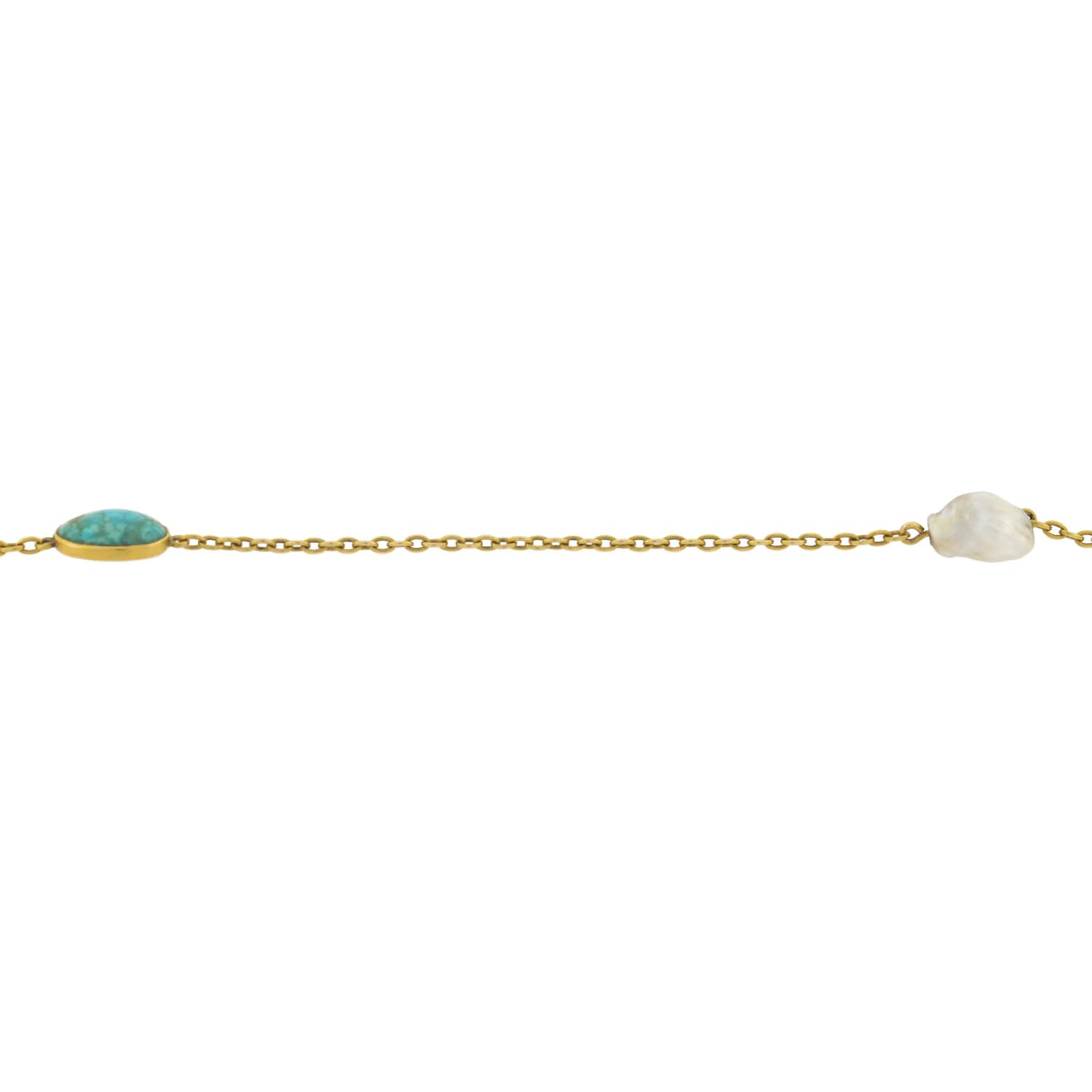 Victorian Long 14kt Turquoise + Mississippi River Pearl Chain Necklace 48"