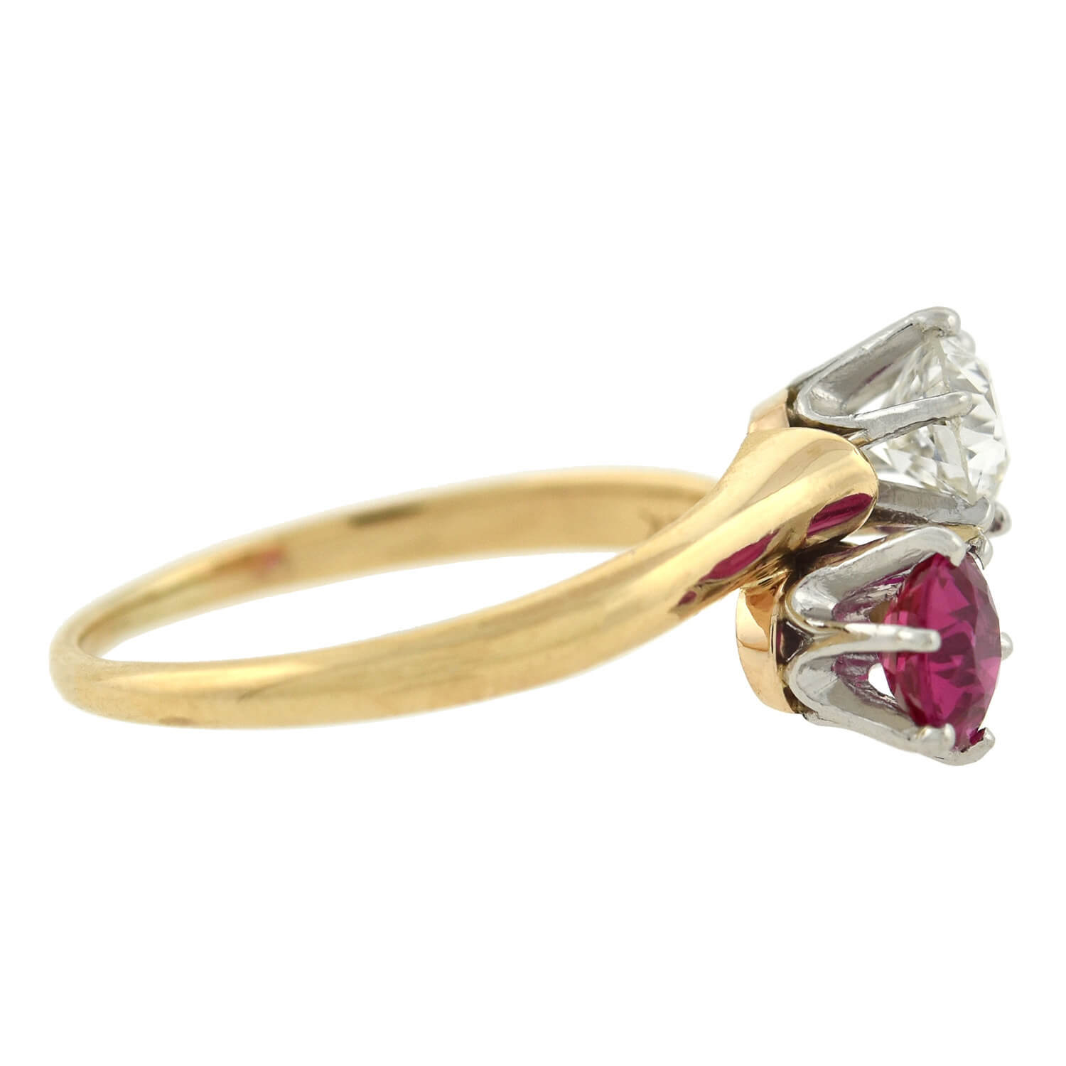 Edwardian 14kt/Platinum "Moi et Toi" Diamond + Ruby Sapphire Bypass Ring