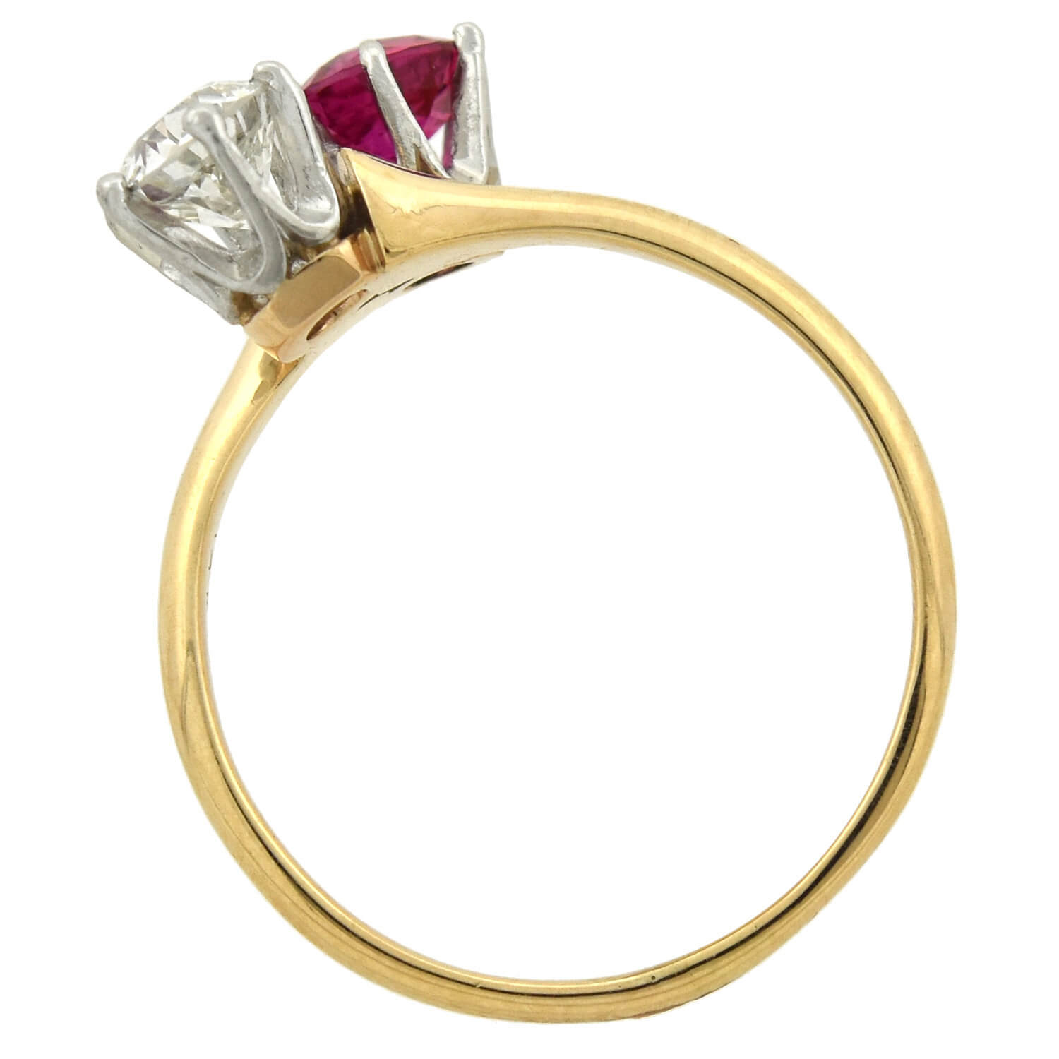 Edwardian 14kt/Platinum "Moi et Toi" Diamond + Ruby Sapphire Bypass Ring