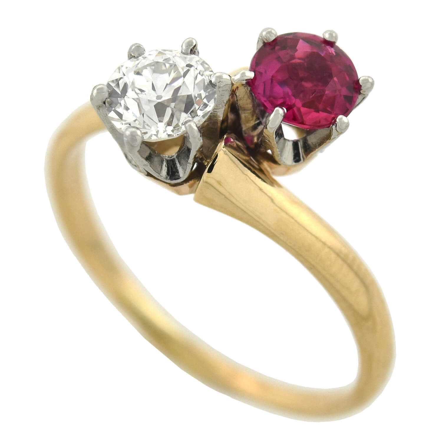 Edwardian 14kt/Platinum "Moi et Toi" Diamond + Ruby Sapphire Bypass Ring