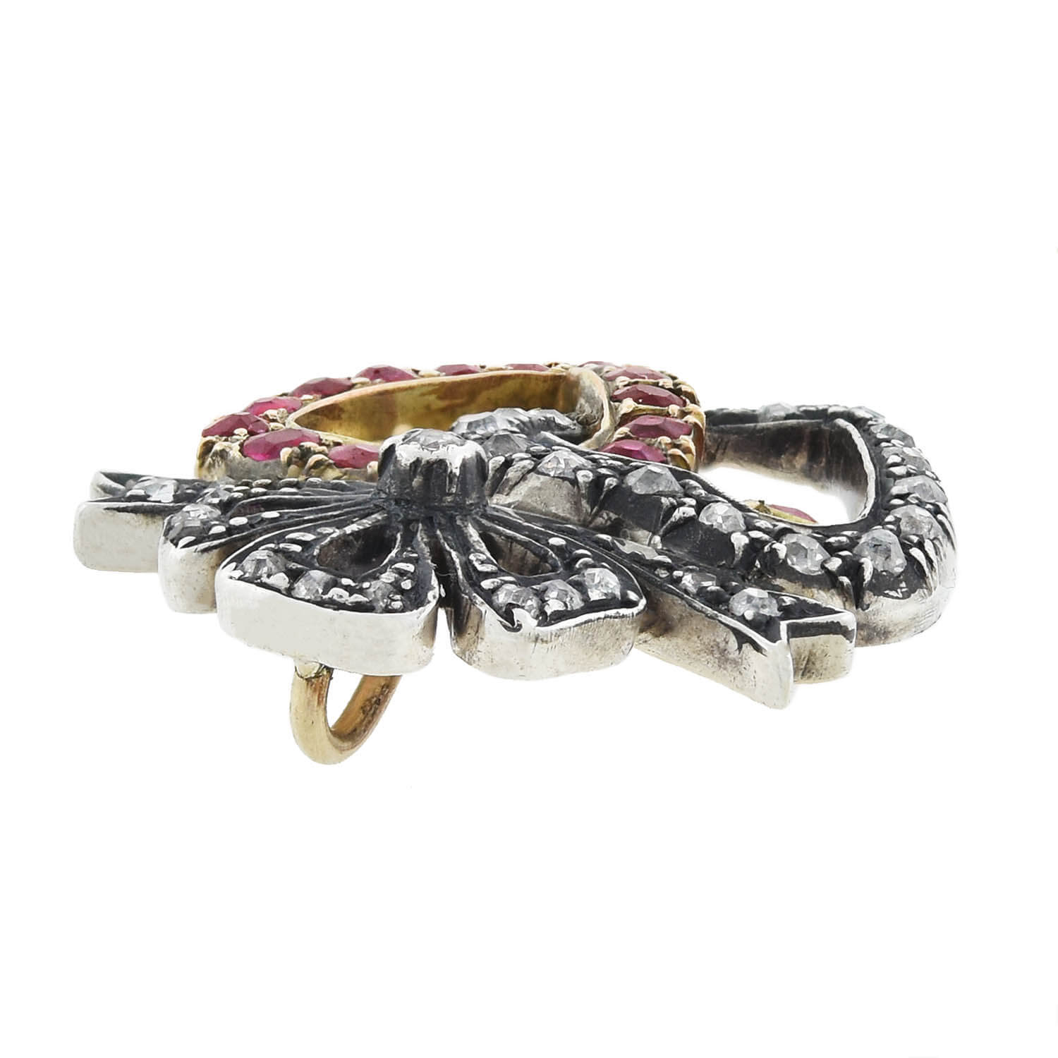 Victorian 14kt/Sterling Ruby + Diamond Double Heart Pendant