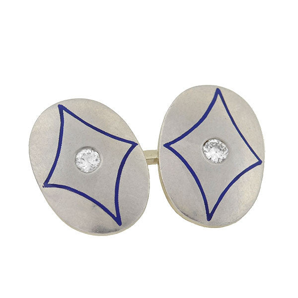 Art Deco 14kt & Platinum Enamel & Diamond Cufflinks