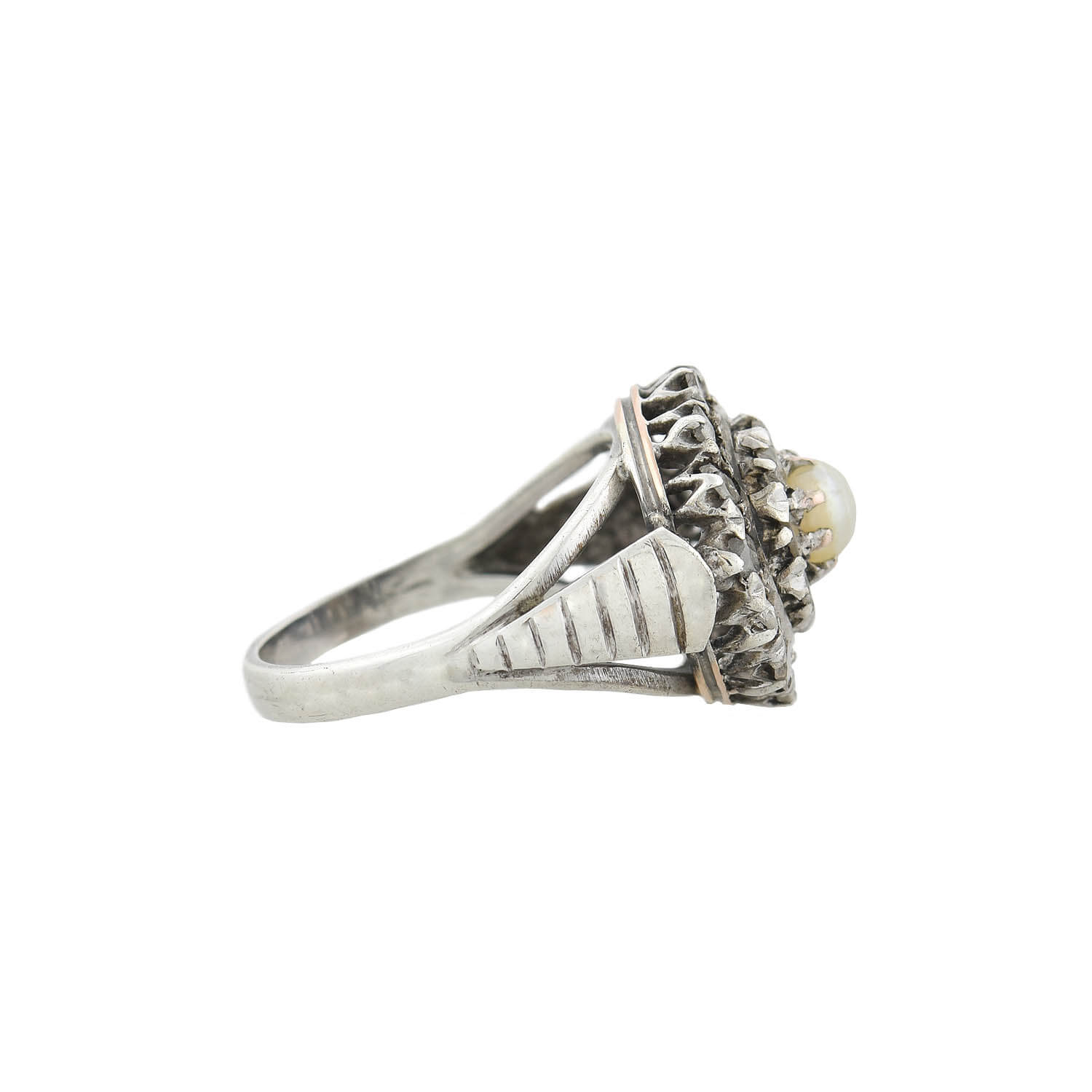 Georgian Sterling Rose Cut Diamond + Pearl Double Halo Cluster Ring