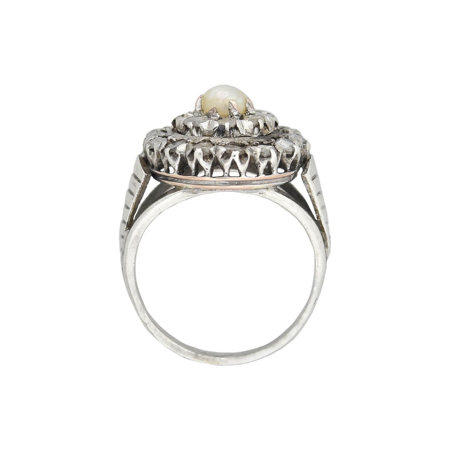 Georgian Sterling Rose Cut Diamond + Pearl Double Halo Cluster Ring