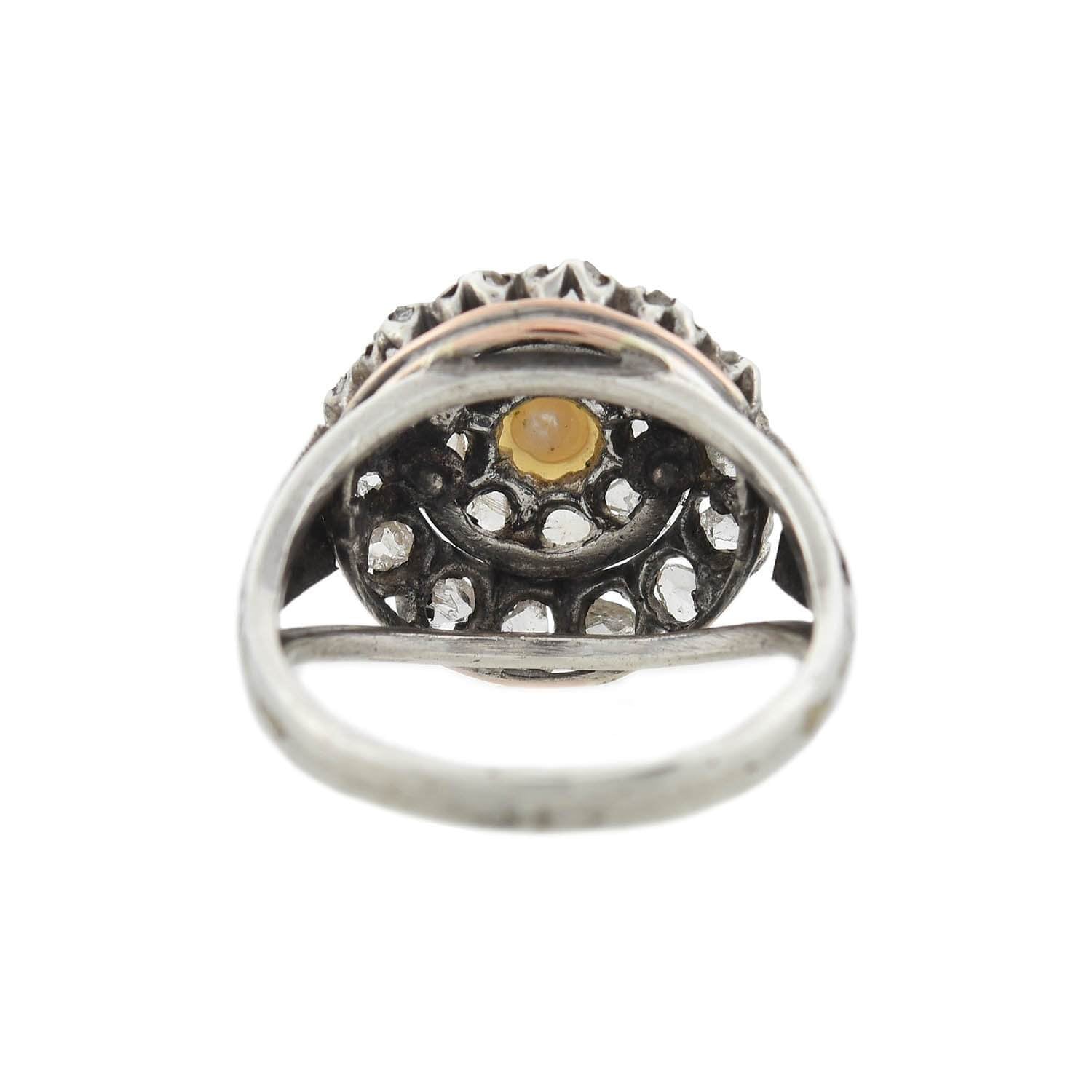 Georgian Sterling Rose Cut Diamond + Pearl Double Halo Cluster Ring