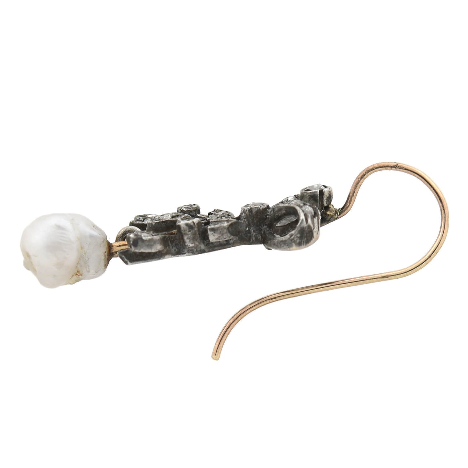 Victorian Sterling/14kt Rose Cut Diamond + Natural Pearl Bow Motif Earrings