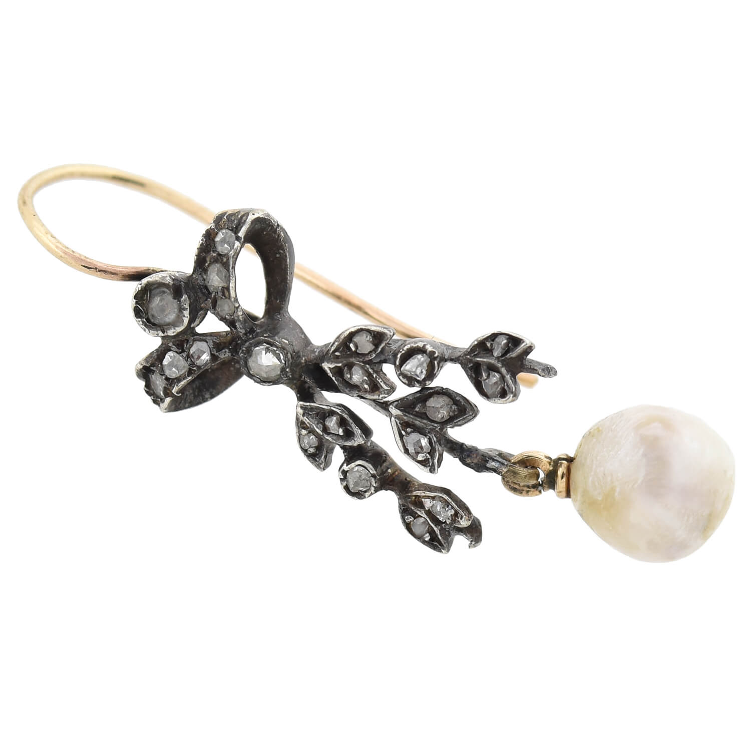 Victorian Sterling/14kt Rose Cut Diamond + Natural Pearl Bow Motif Earrings