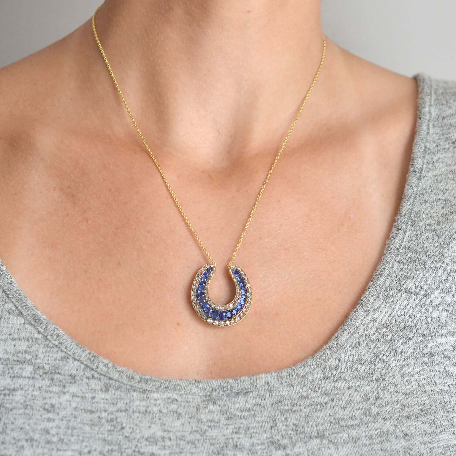 Victorian Large 18kt Sapphire + Rose Cut Diamond Horseshoe Pendant Necklace