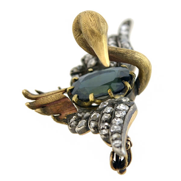 Victorian 15kt/Sterling Sapphire + Diamond Swan Pin