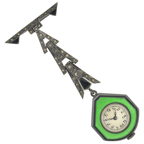 Art Deco Sterling Guilloche Enamel & Marcasite Watch Pin