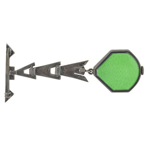 Art Deco Sterling Guilloche Enamel & Marcasite Watch Pin