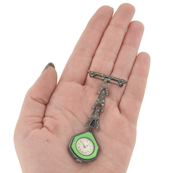 Art Deco Sterling Guilloche Enamel & Marcasite Watch Pin