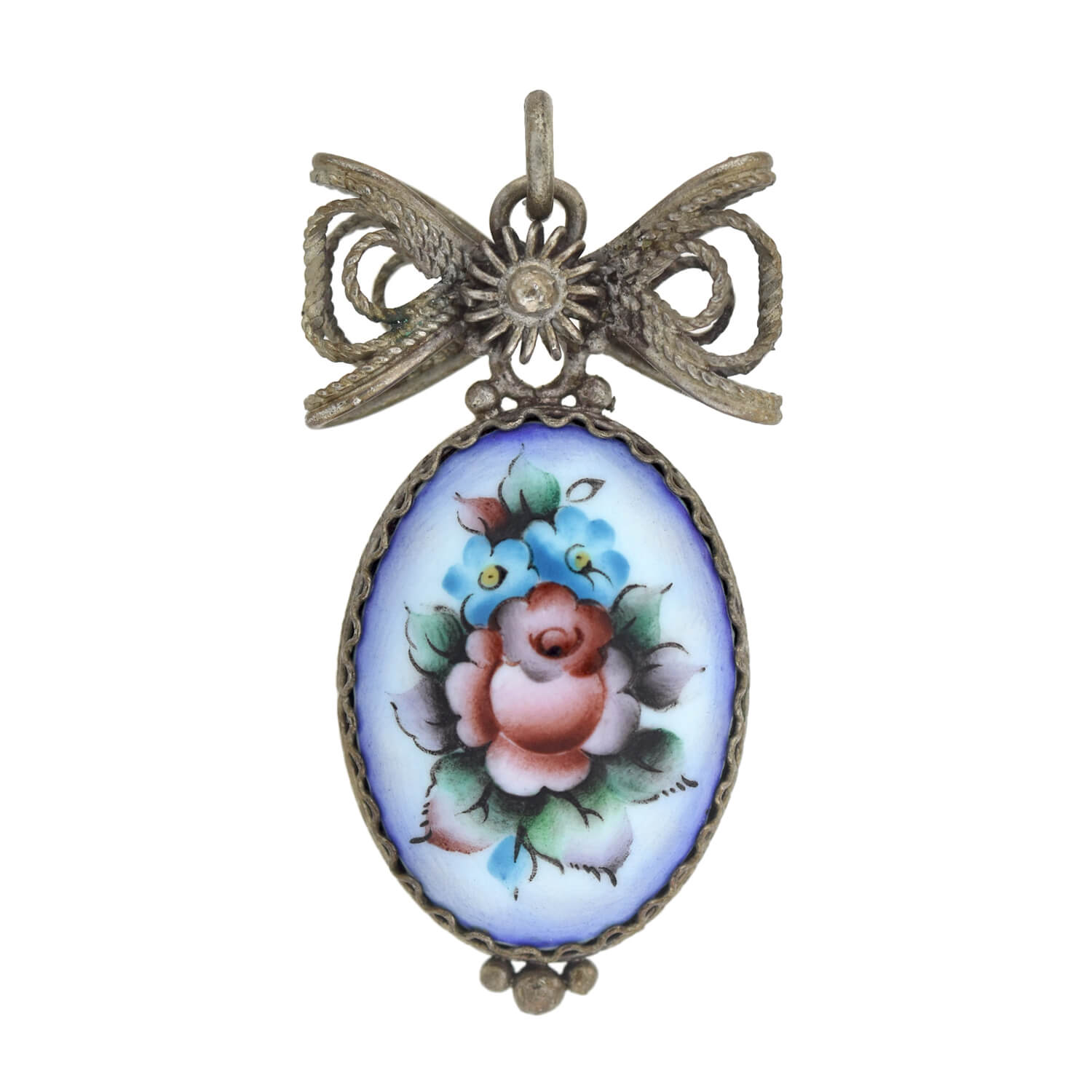 Art Deco Sterling Hand-Painted Porcelain Earrings + Pendant Set
