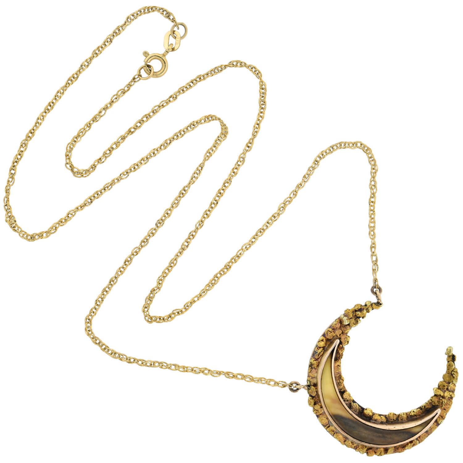 Late Victorian 14kt Genuine Gold Nugget + Horn Crescent Pendant Necklace