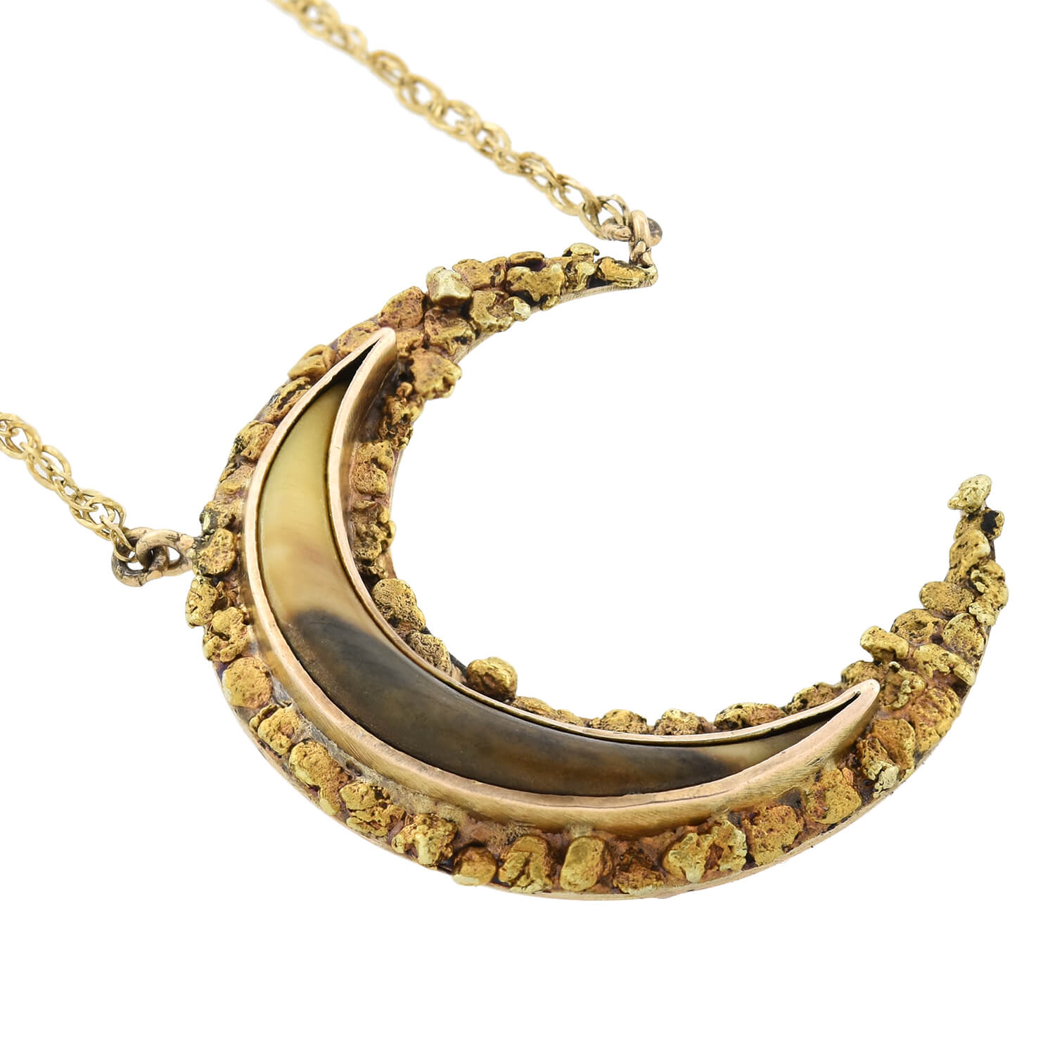 Late Victorian 14kt Genuine Gold Nugget + Horn Crescent Pendant Necklace