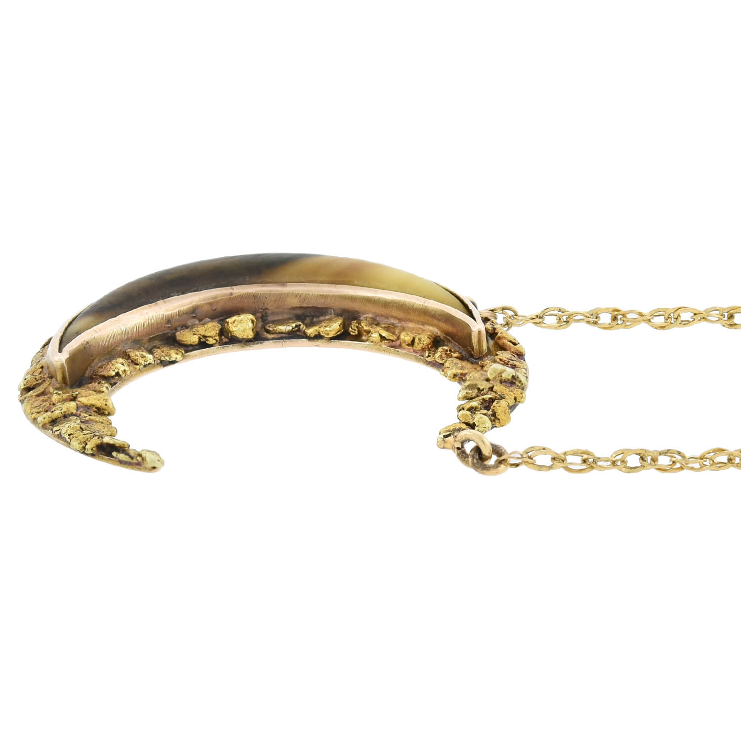Late Victorian 14kt Genuine Gold Nugget + Horn Crescent Pendant Necklace