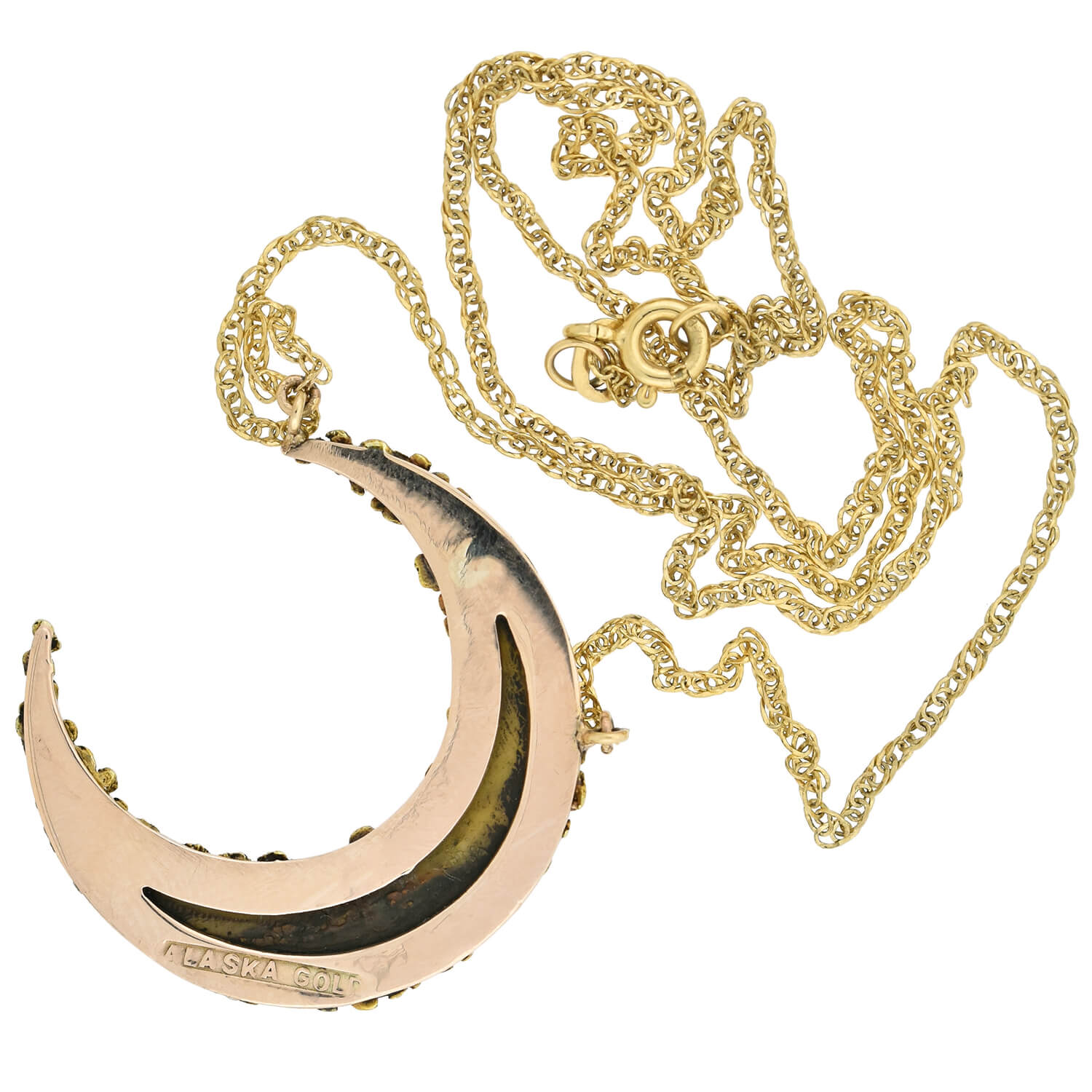 Late Victorian 14kt Genuine Gold Nugget + Horn Crescent Pendant Necklace