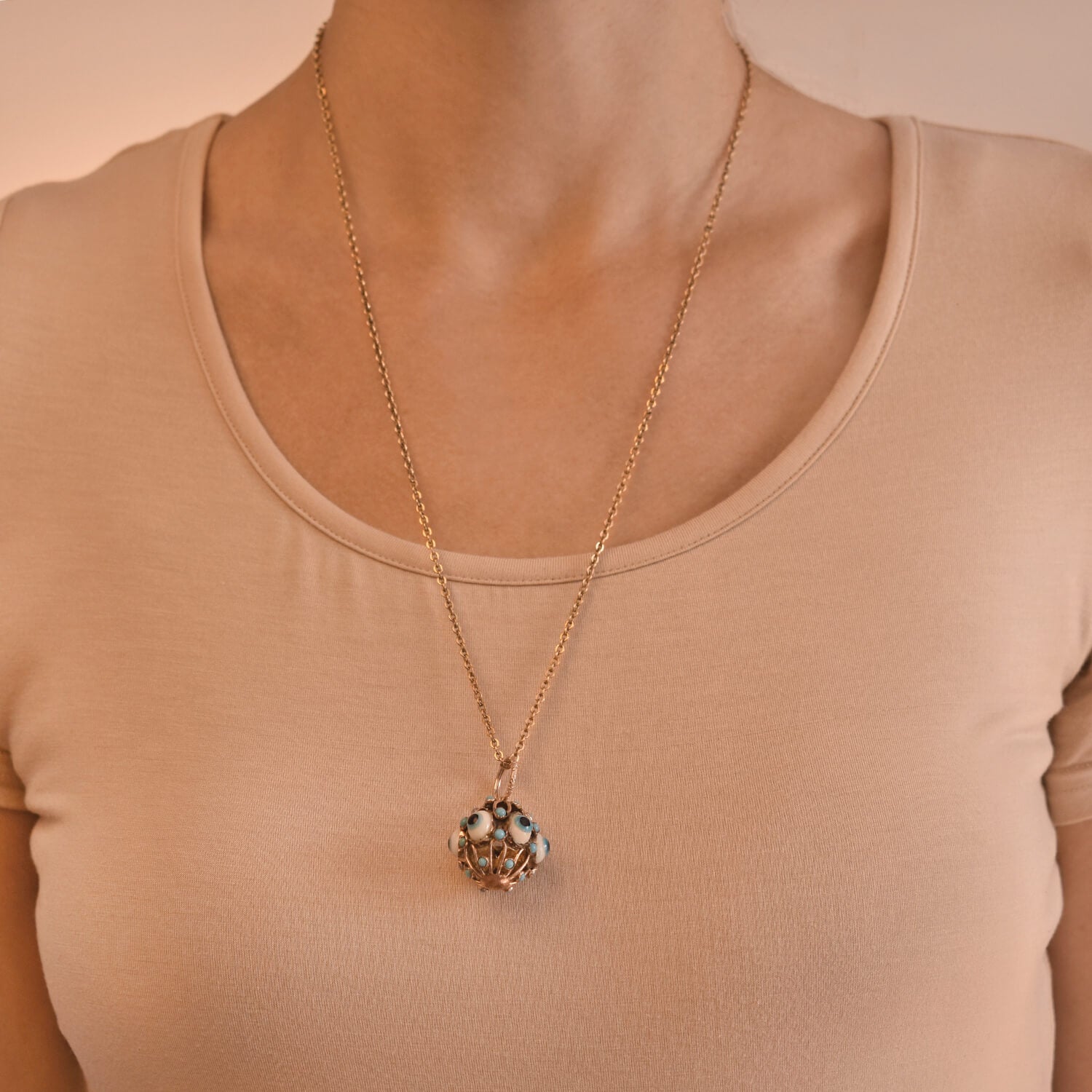 Vintage 9kt Glass "Evil Eye" Caged Ball Charm Pendant