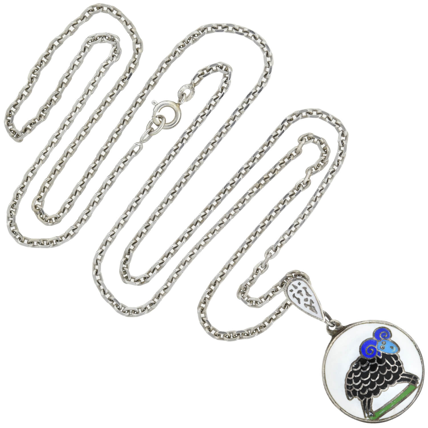 Vintage Sterling Enameled Aries + Fire Sign Double-Sided Pendant Necklace