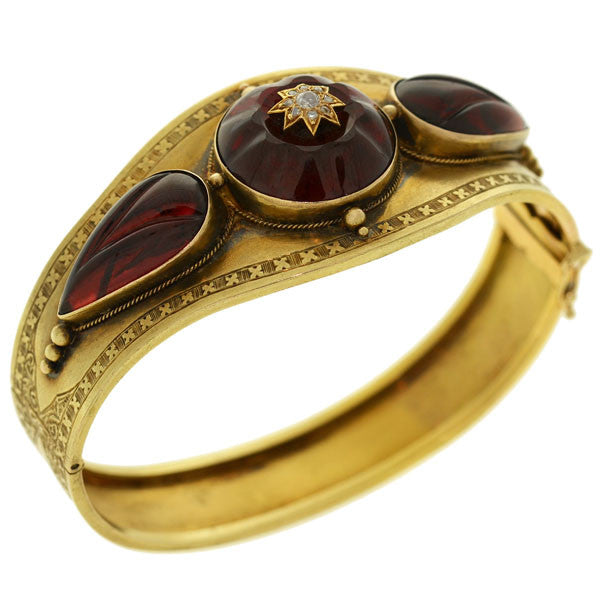 Victorian 15kt Carved Garnet Diamond Bracelet
