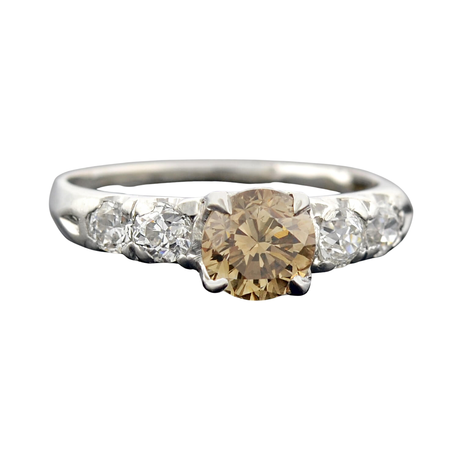 Late Art Deco Platinum Champagne Diamond Engagement Ring 1.09ct center
