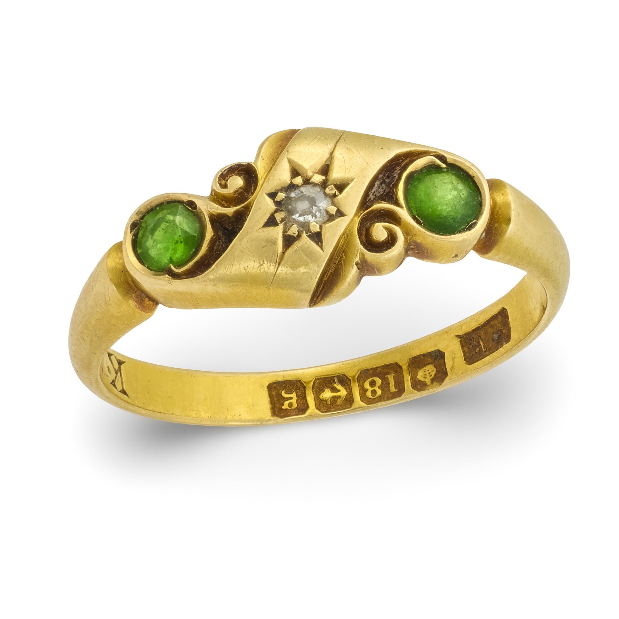 Art Nouveau English 18k Demantoid Garnet & Diamond Ring