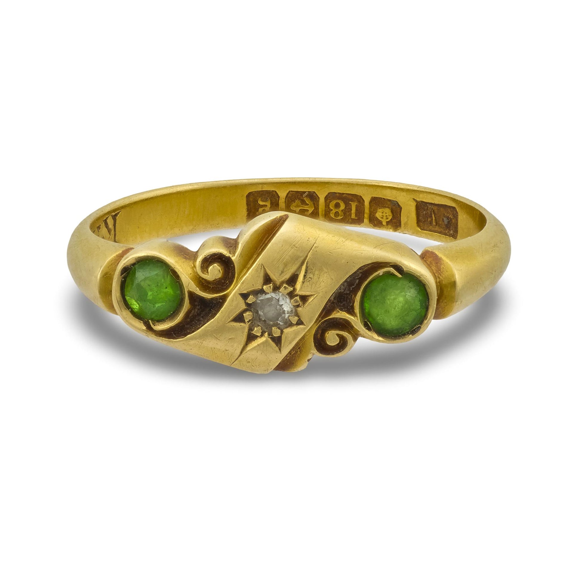 Art Nouveau English 18k Demantoid Garnet & Diamond Ring