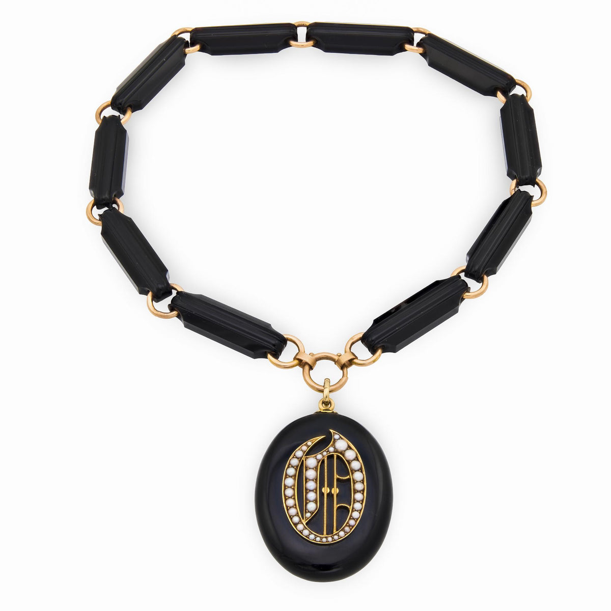 Victorian 14k Jet & Pearl Locket Pendant Necklace