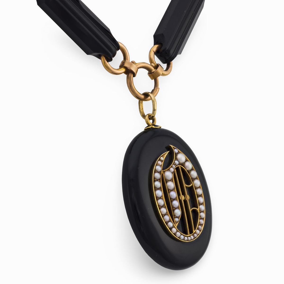 Victorian 14k Jet & Pearl Locket Pendant Necklace
