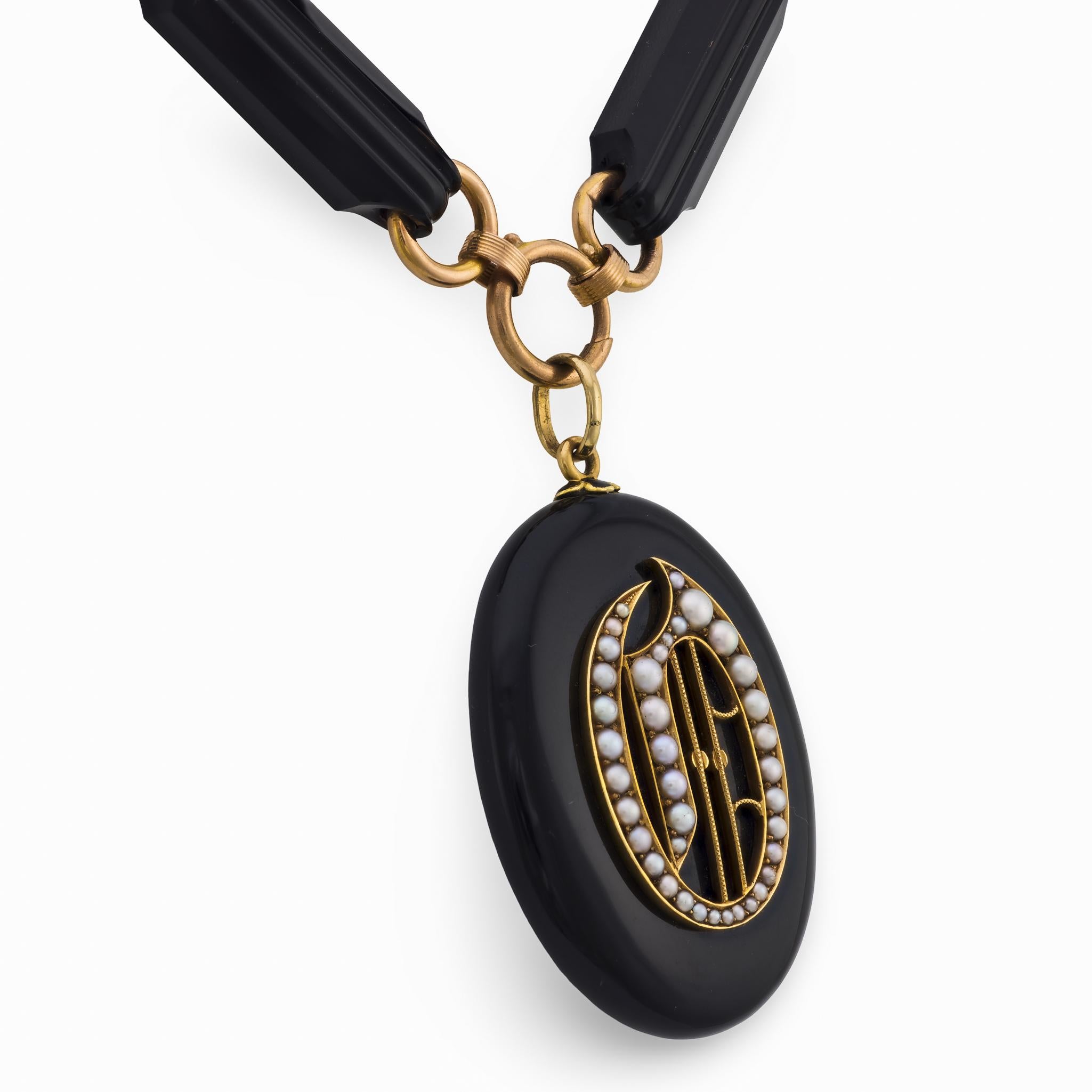 Victorian 14k Jet & Pearl Locket Pendant Necklace