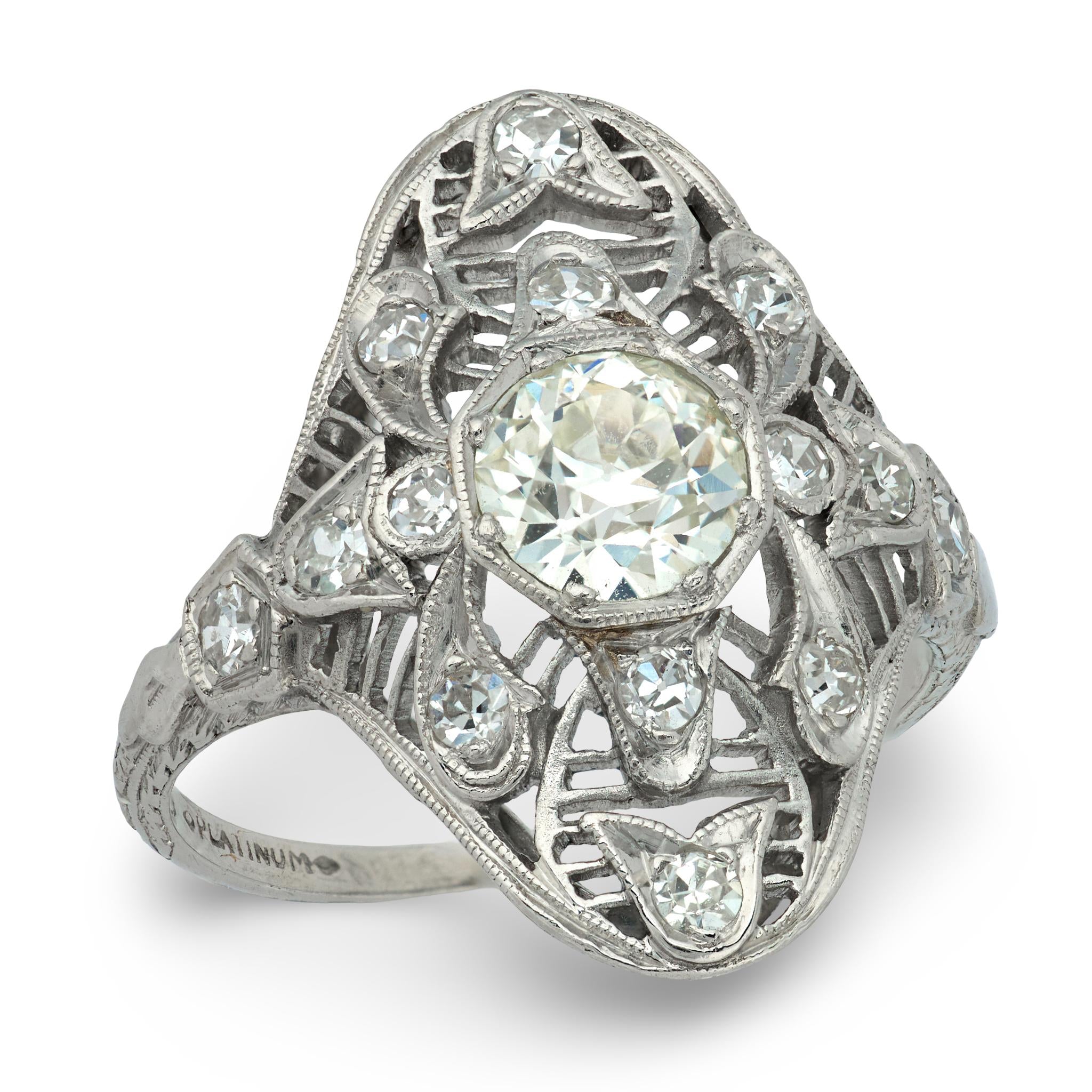 Edwardian Platinum Diamond Navette Ring