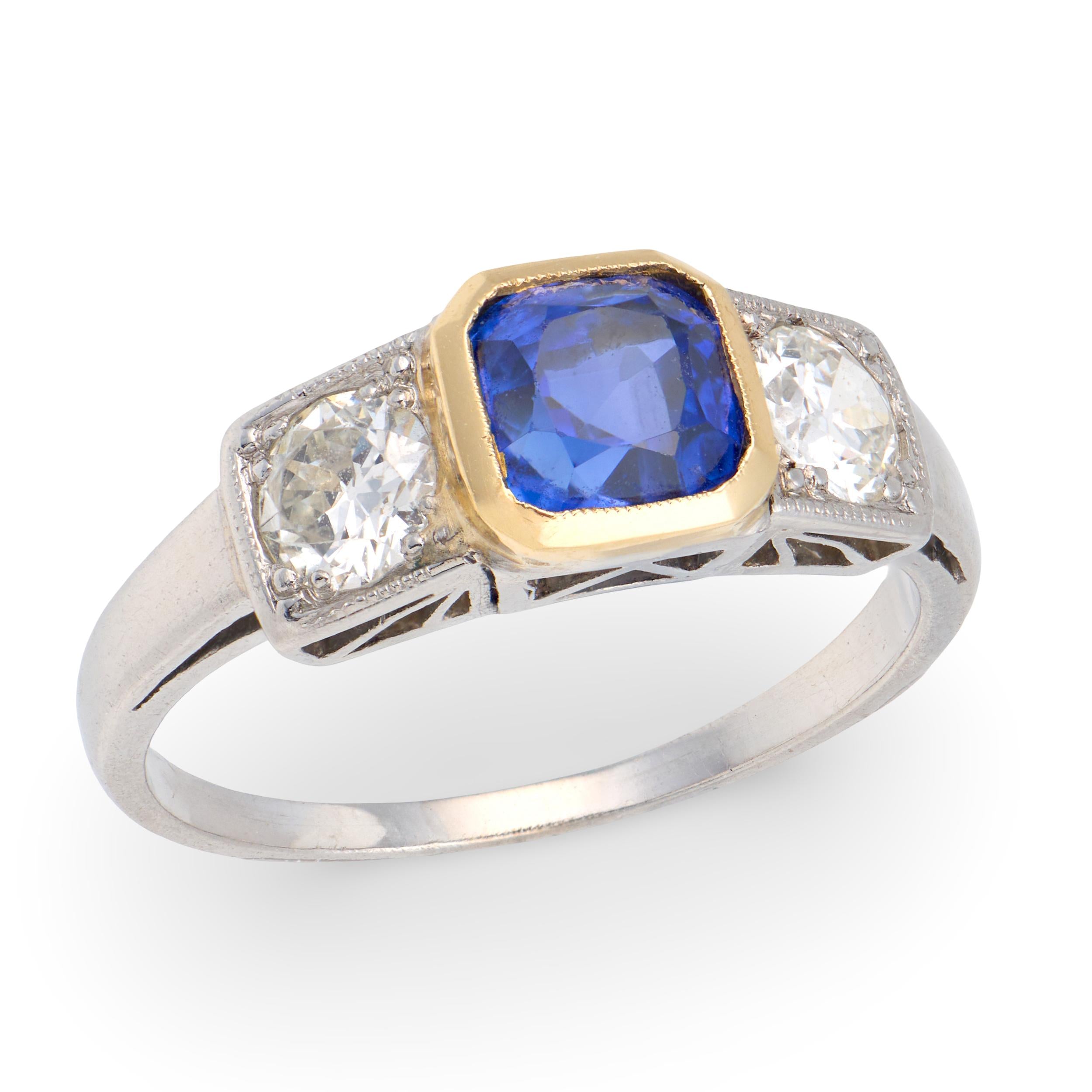 Edwardian 18k/Platinum Sapphire & Diamond Three Stone Ring