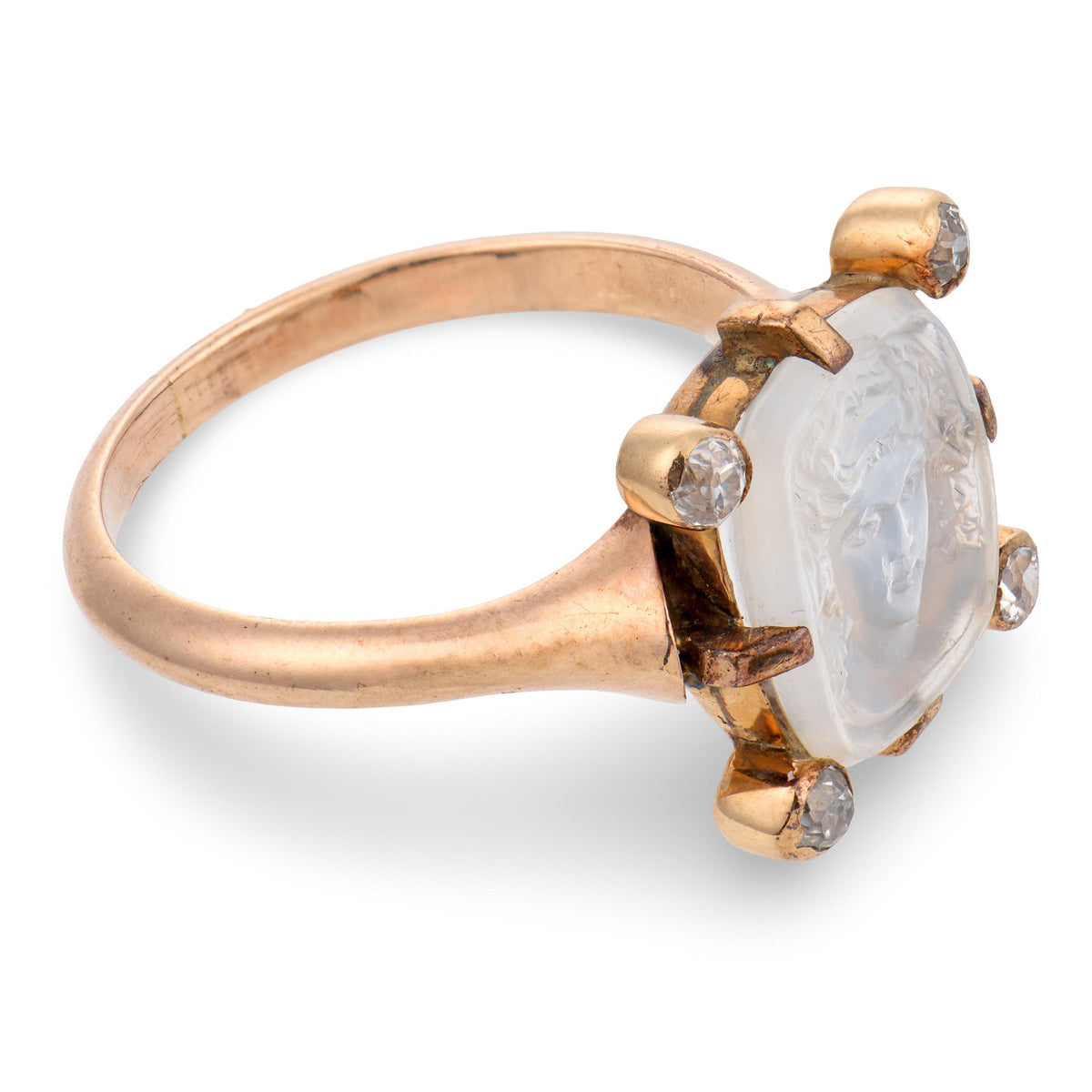 Art Nouveau 14k Moonstone & Diamond Intaglio Ring