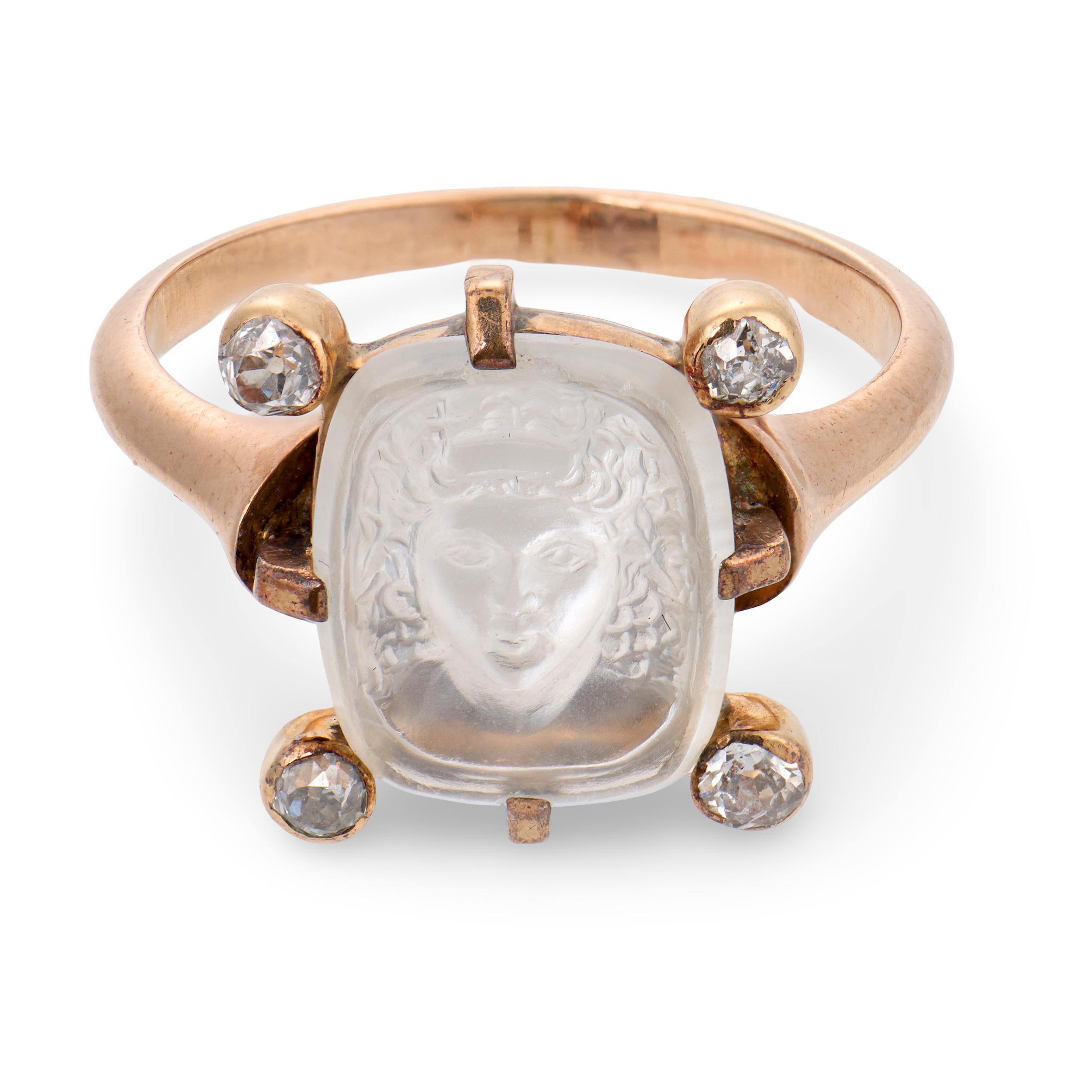 Art Nouveau 14k Moonstone & Diamond Intaglio Ring