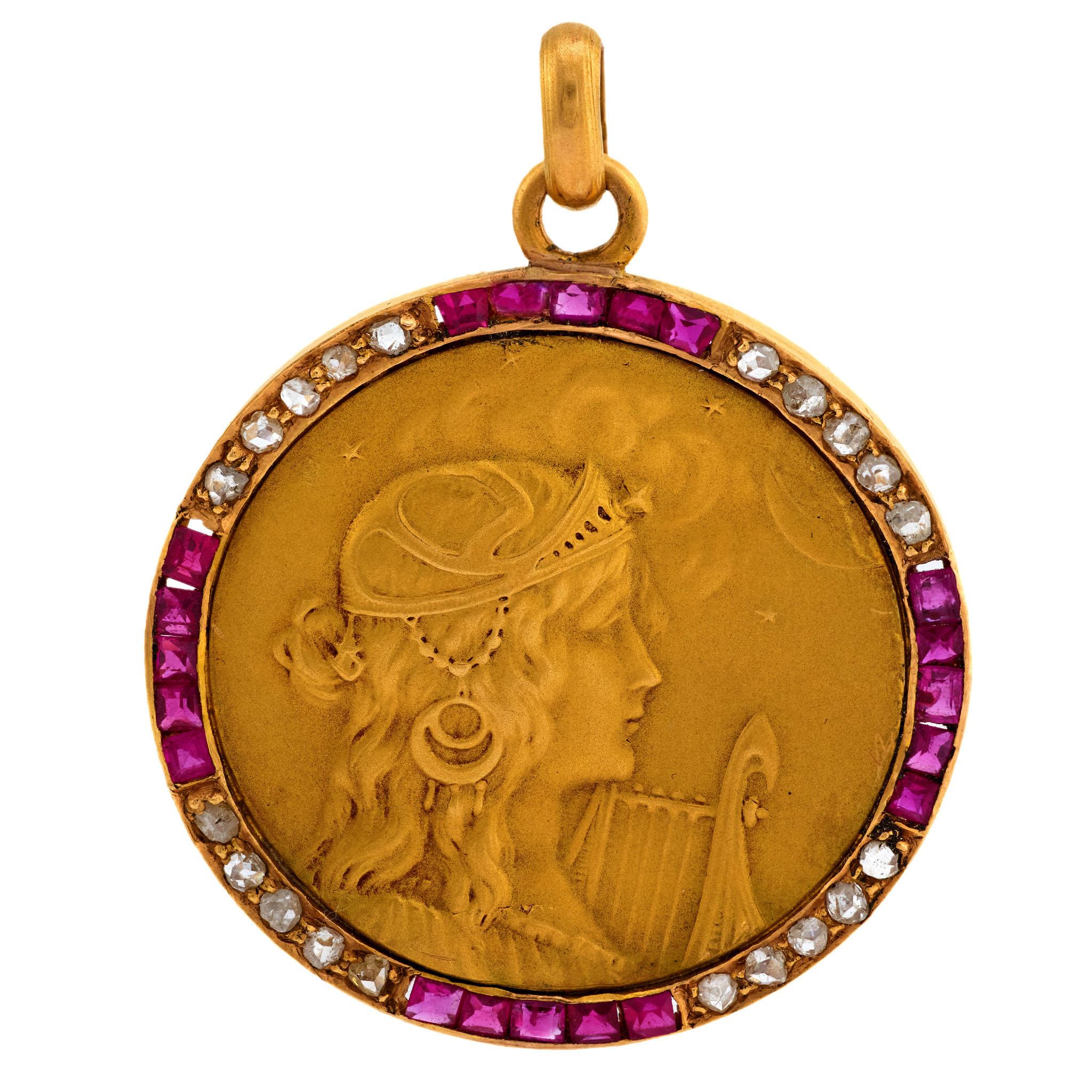 Art Nouveau French 18k Ruby & Diamond Repousse Pendant