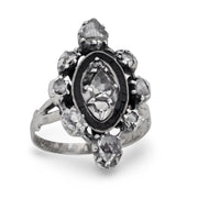 Georgian Sterling Silver Diamond & Enamel Navette Ring