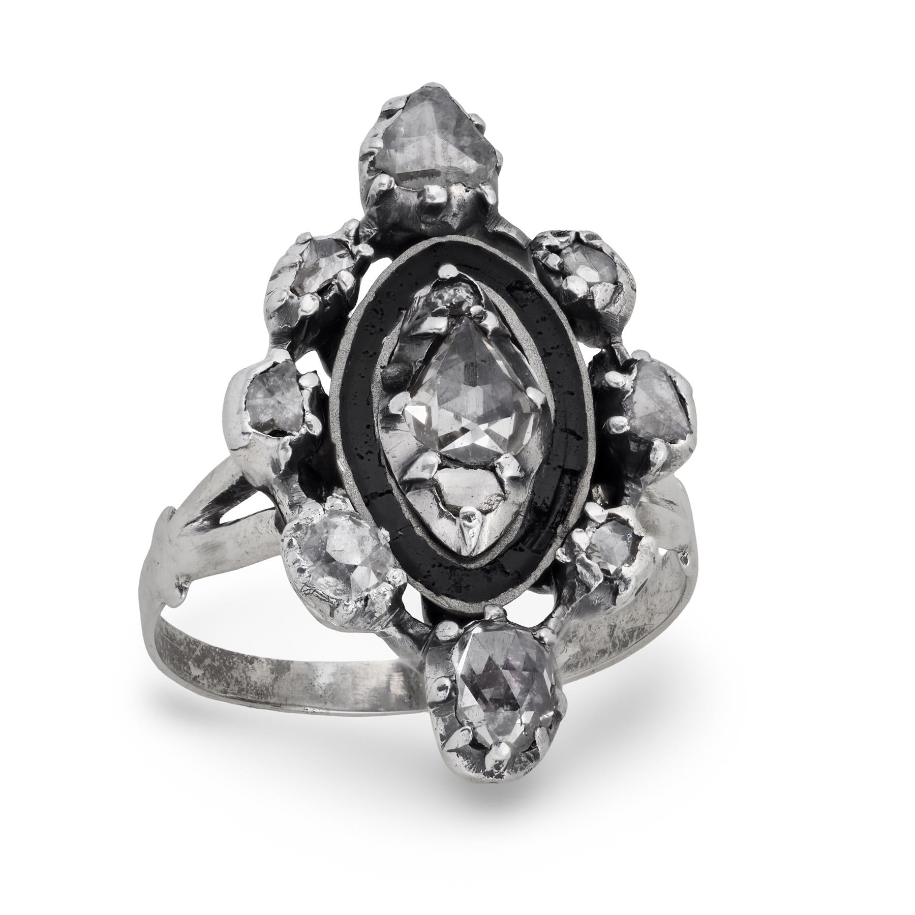 Georgian Sterling Silver Diamond & Enamel Navette Ring