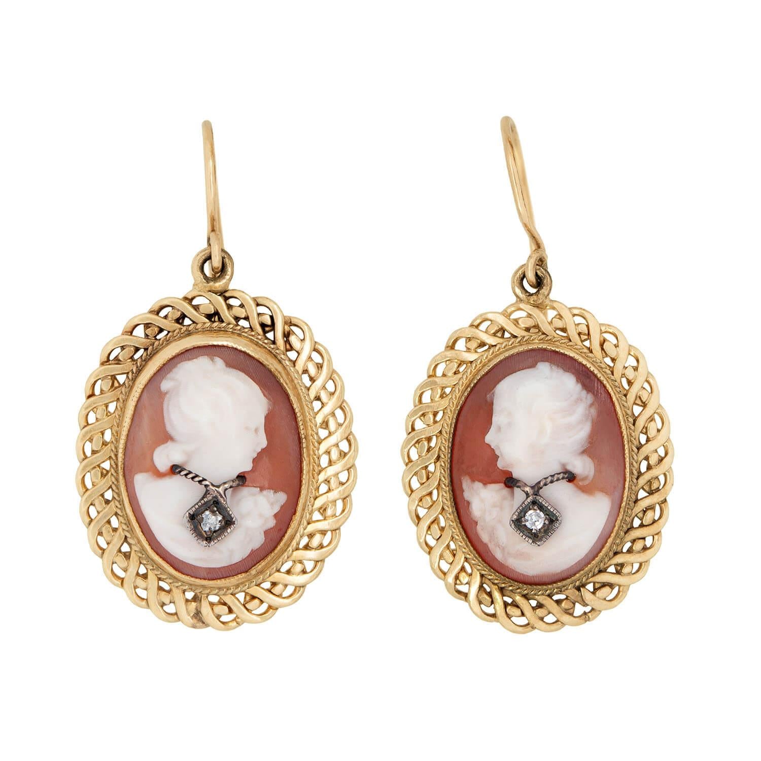 Retro 14k Diamond Cameo Dangle Earrings