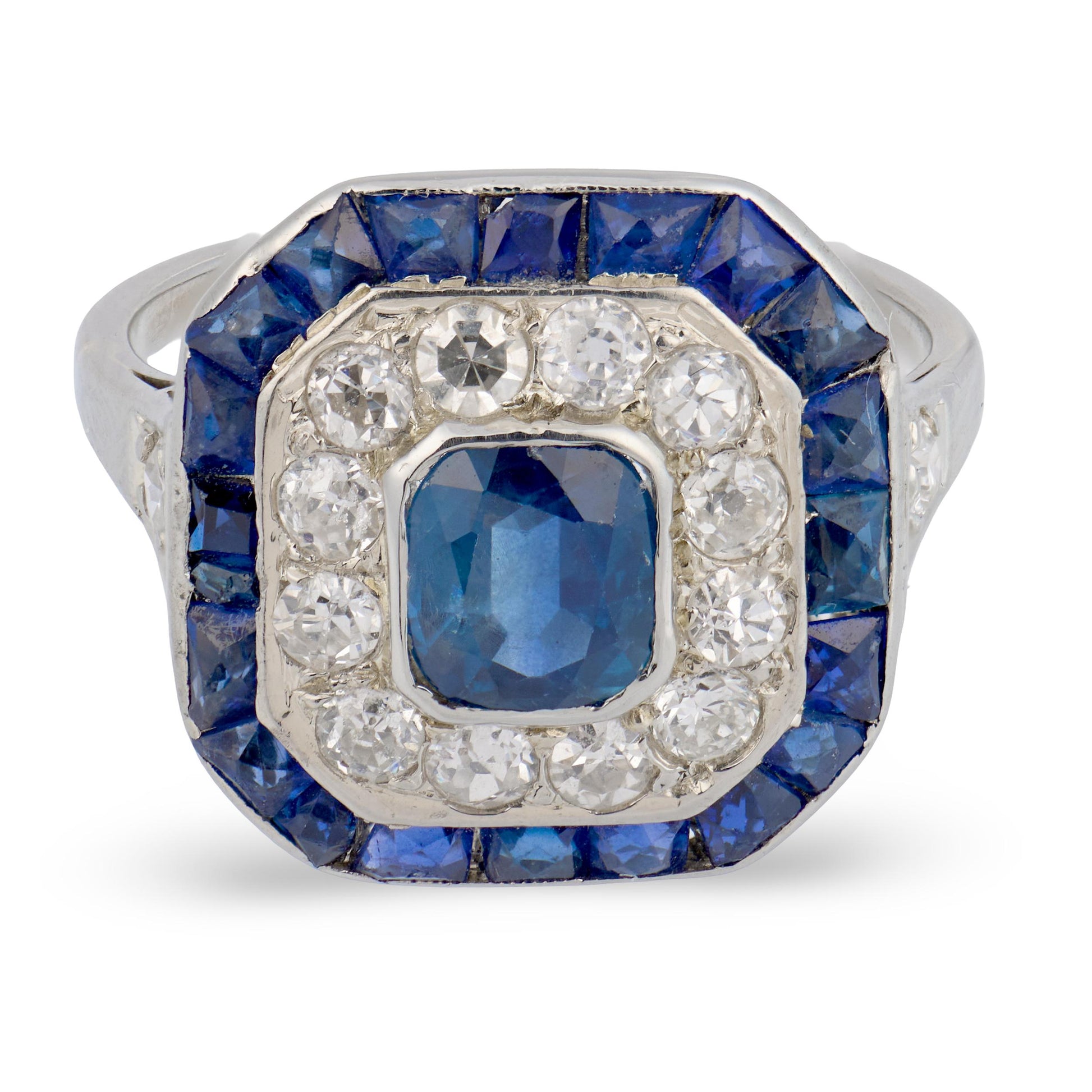 Edwardian French Platinum Sapphire & Diamond Halo Ring