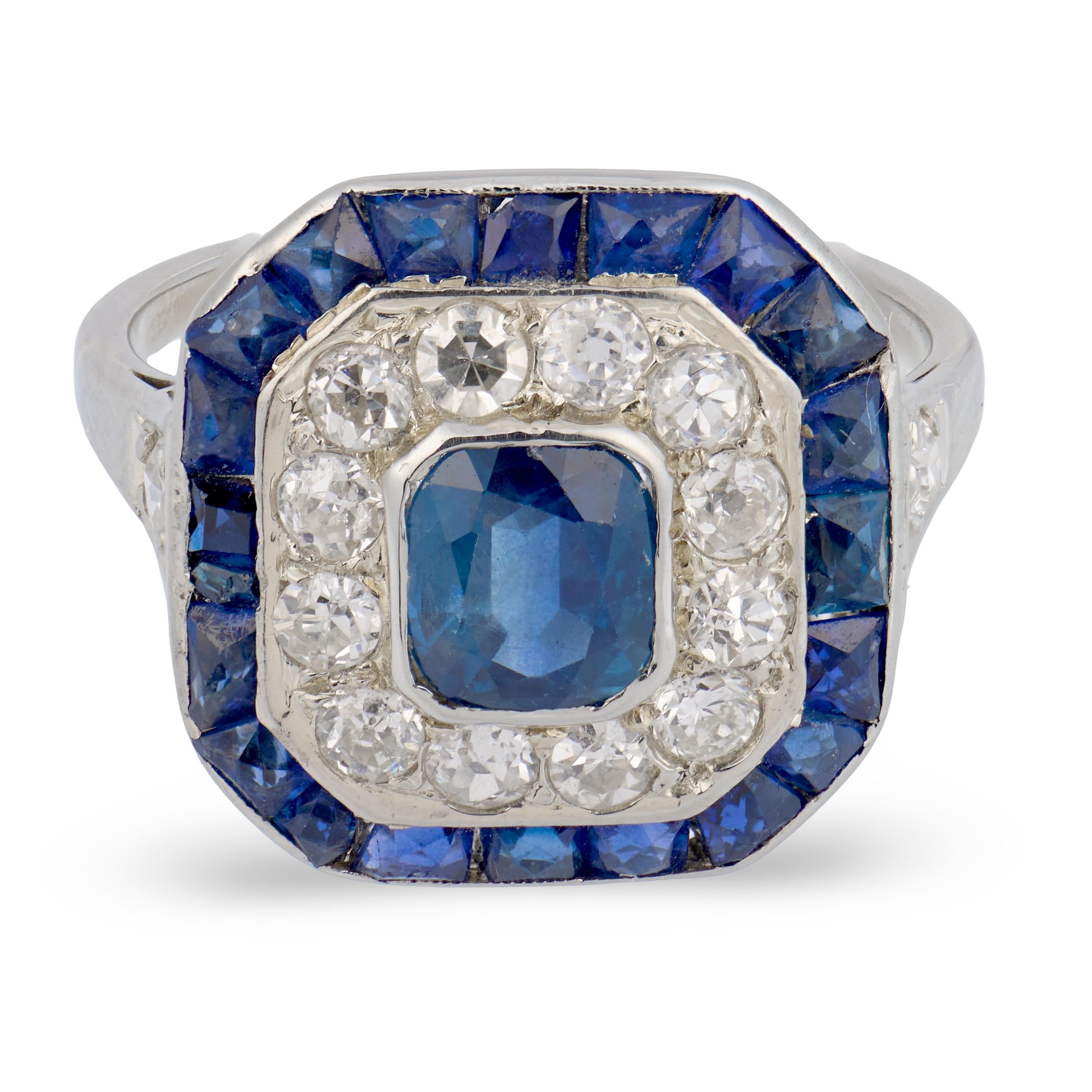 Edwardian French Platinum Sapphire & Diamond Halo Ring