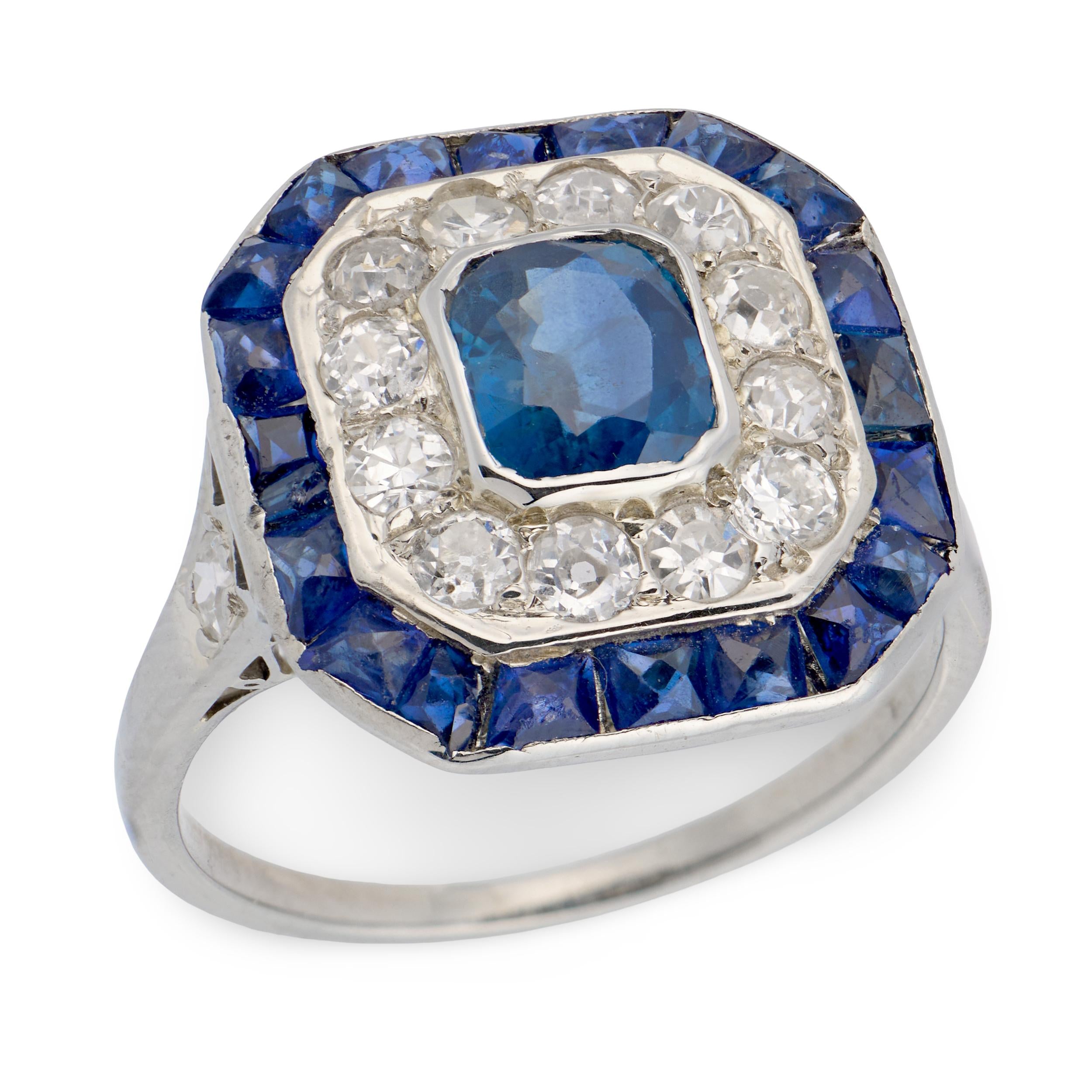 Edwardian French Platinum Sapphire & Diamond Halo Ring