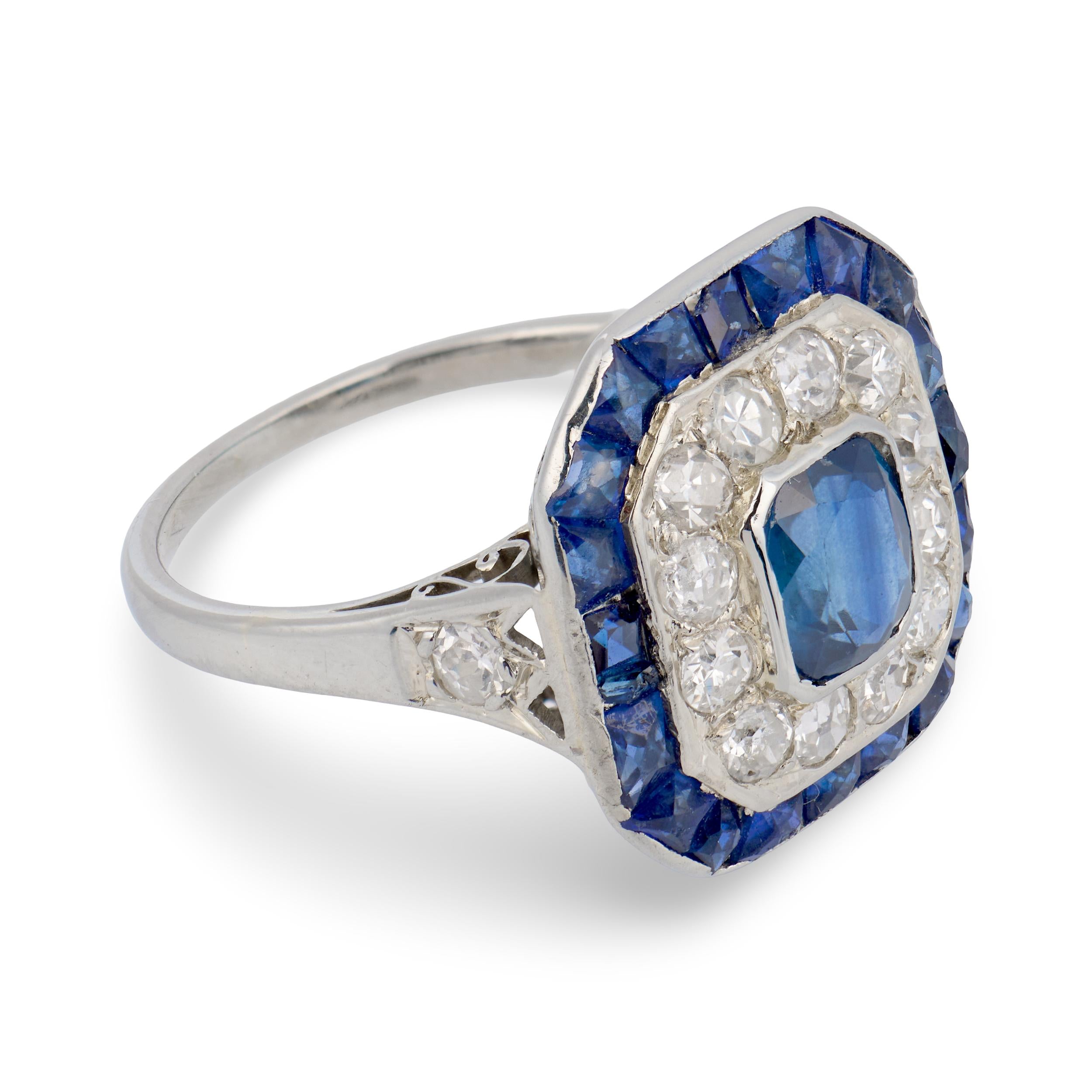 Edwardian French Platinum Sapphire & Diamond Halo Ring