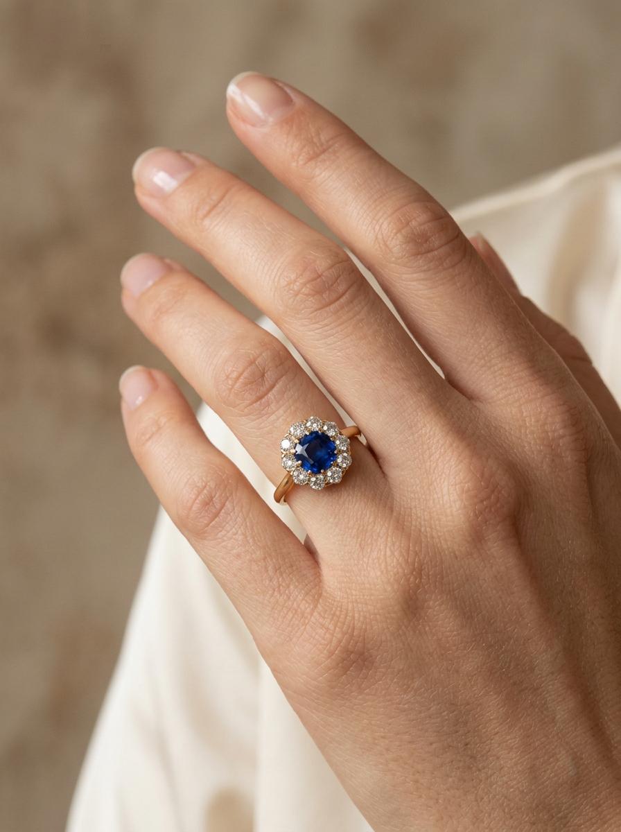 SCHULMANN & SONS Victorian 18k Sapphire & Diamond Halo Ring