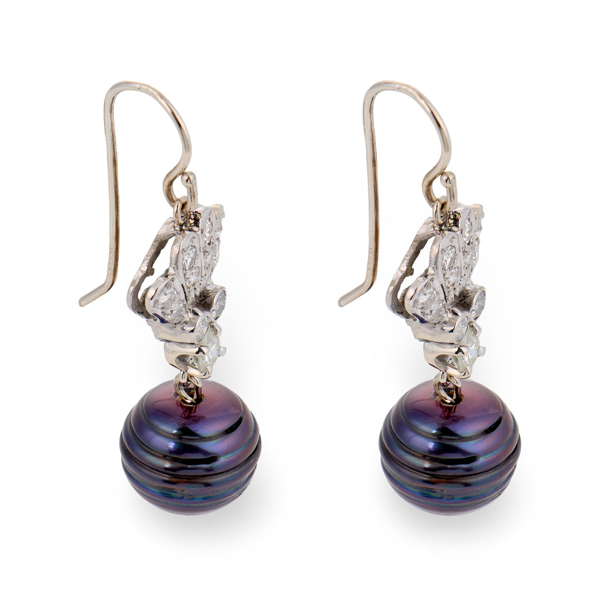 Art Deco 14k Diamond & Black Tahitian Pearl Drop Earrings