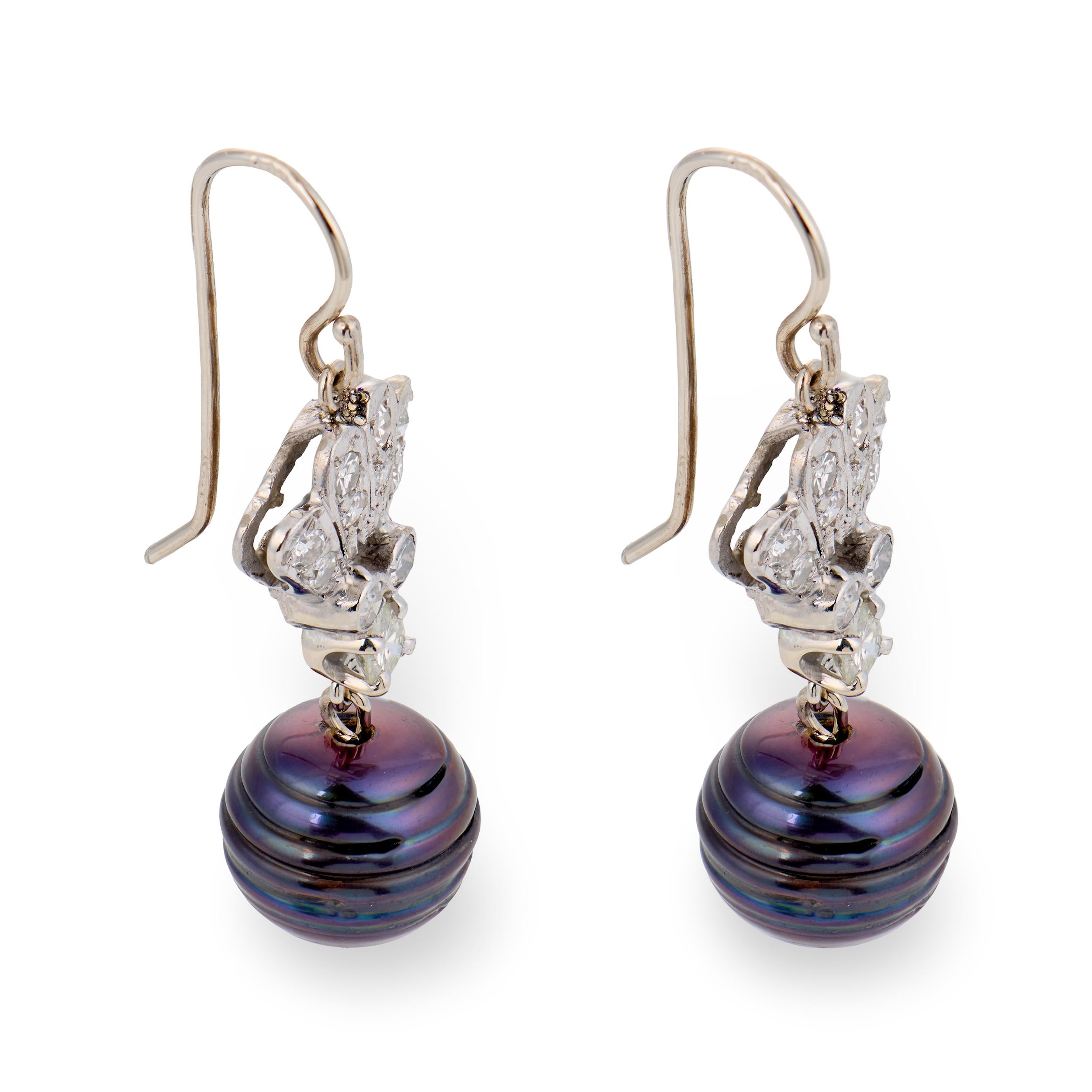 Art Deco 14k Diamond & Black Tahitian Pearl Drop Earrings