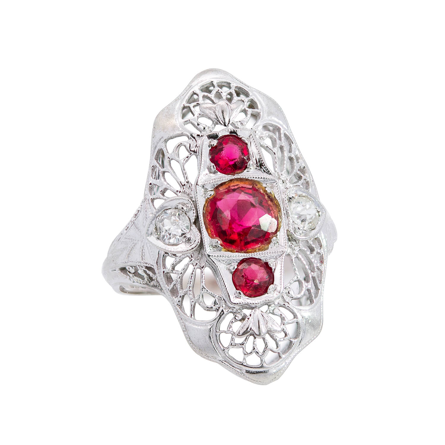 Edwardian 18k Three-Stone Garnet + Diamond Navette Ring