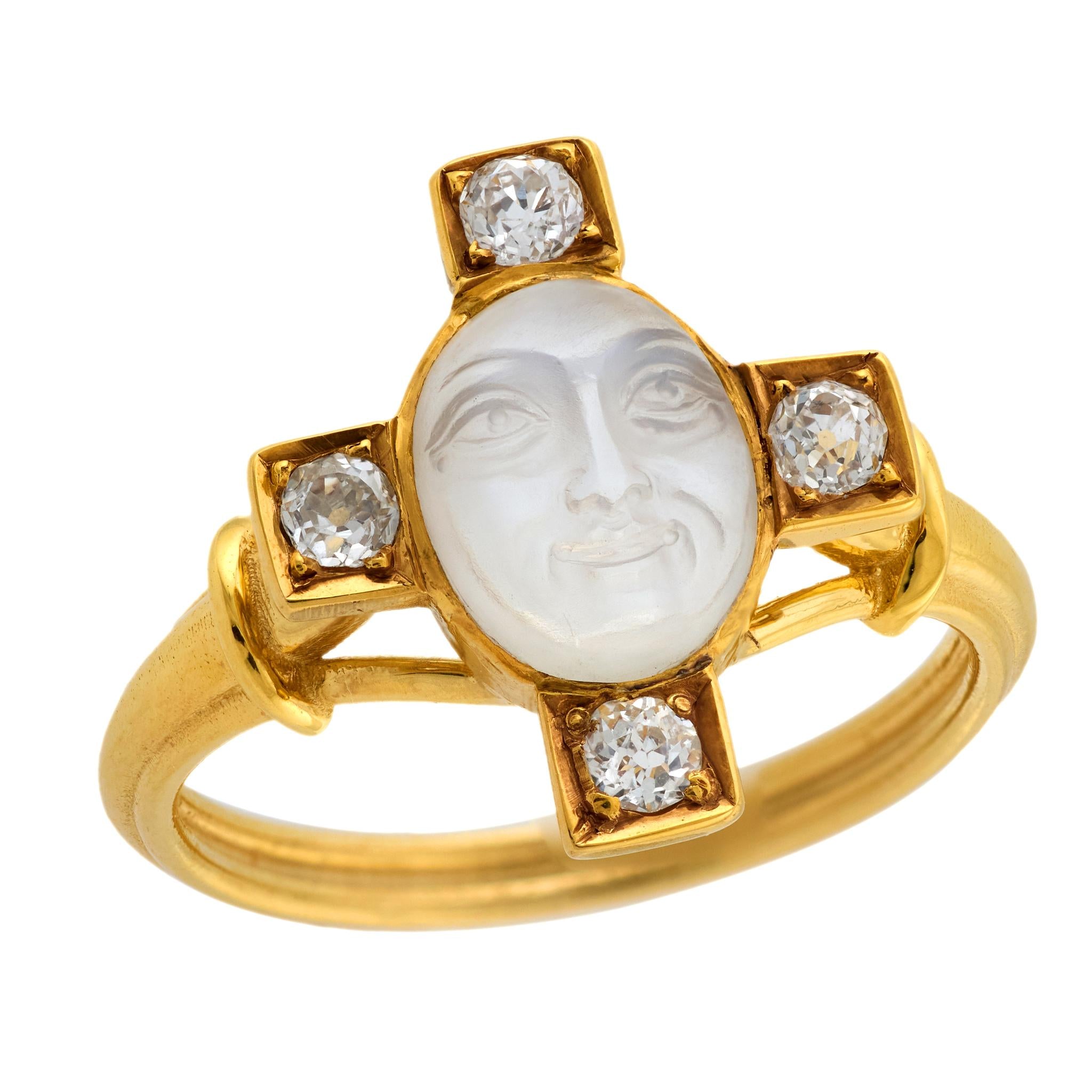 Edwardian 14k "Man In The Moon" Moonstone and Diamond Ring